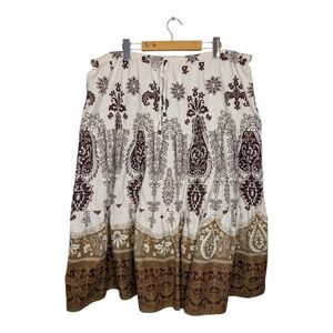Vintage Y2K Boho Paisley Floral Midi Skirt Brown Cream Tan Women's Size 2XL